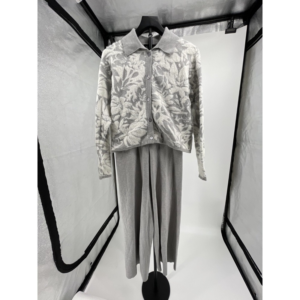 Bailey/44 Cardigan & Wide Leg Pants Set 2PC Womens Medium Gray White Floral Knit
